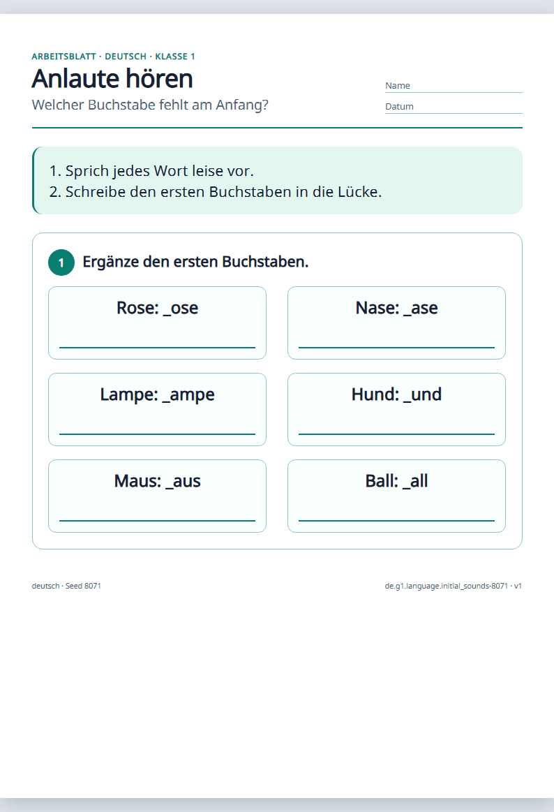 Vorschau: Deutsch · Klasse 1 · Anlaute hören