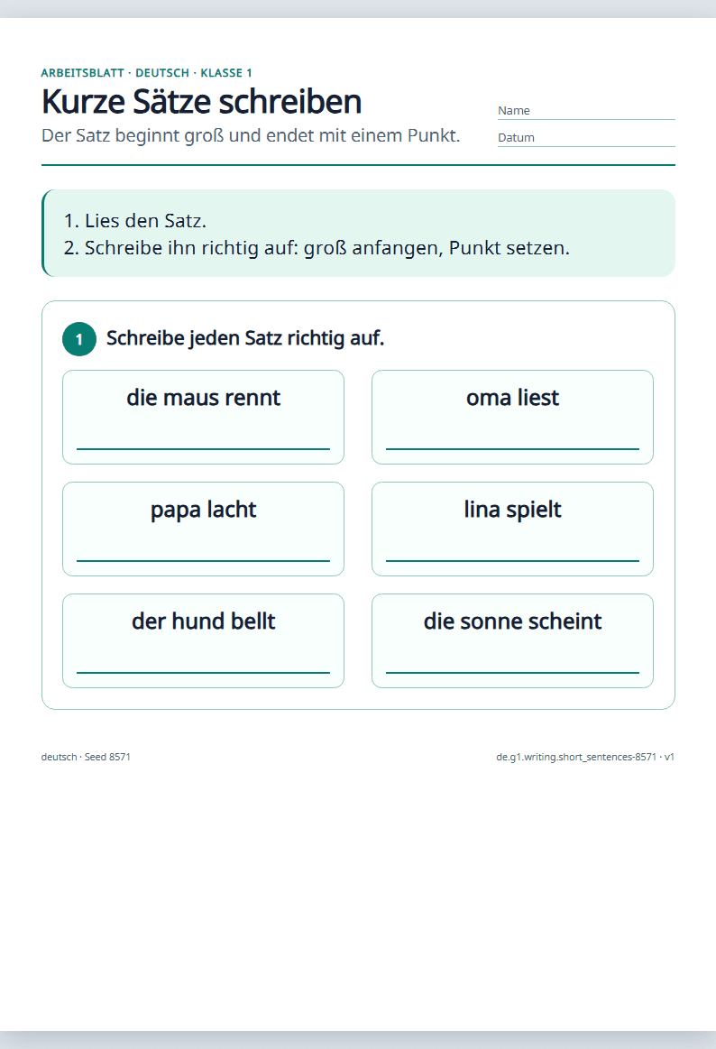 Vorschau: Deutsch · Klasse 1 · Kurze Sätze schreiben