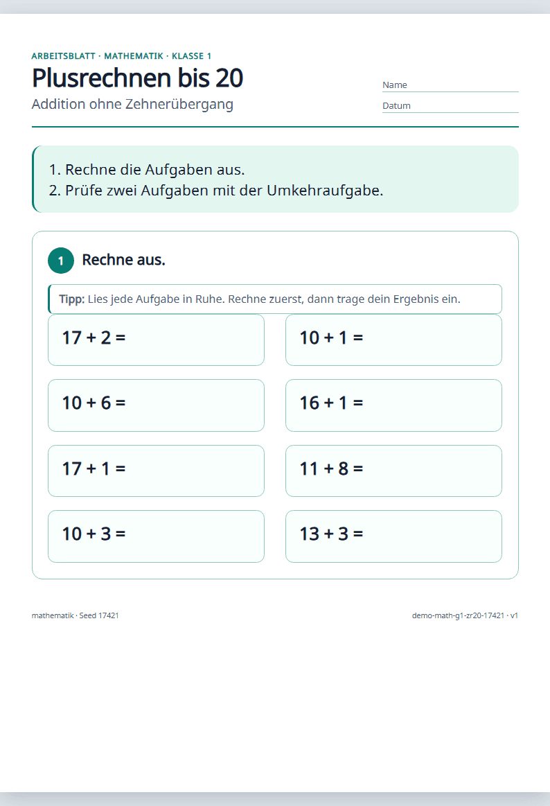 Vorschau: Plusrechnen bis 20
