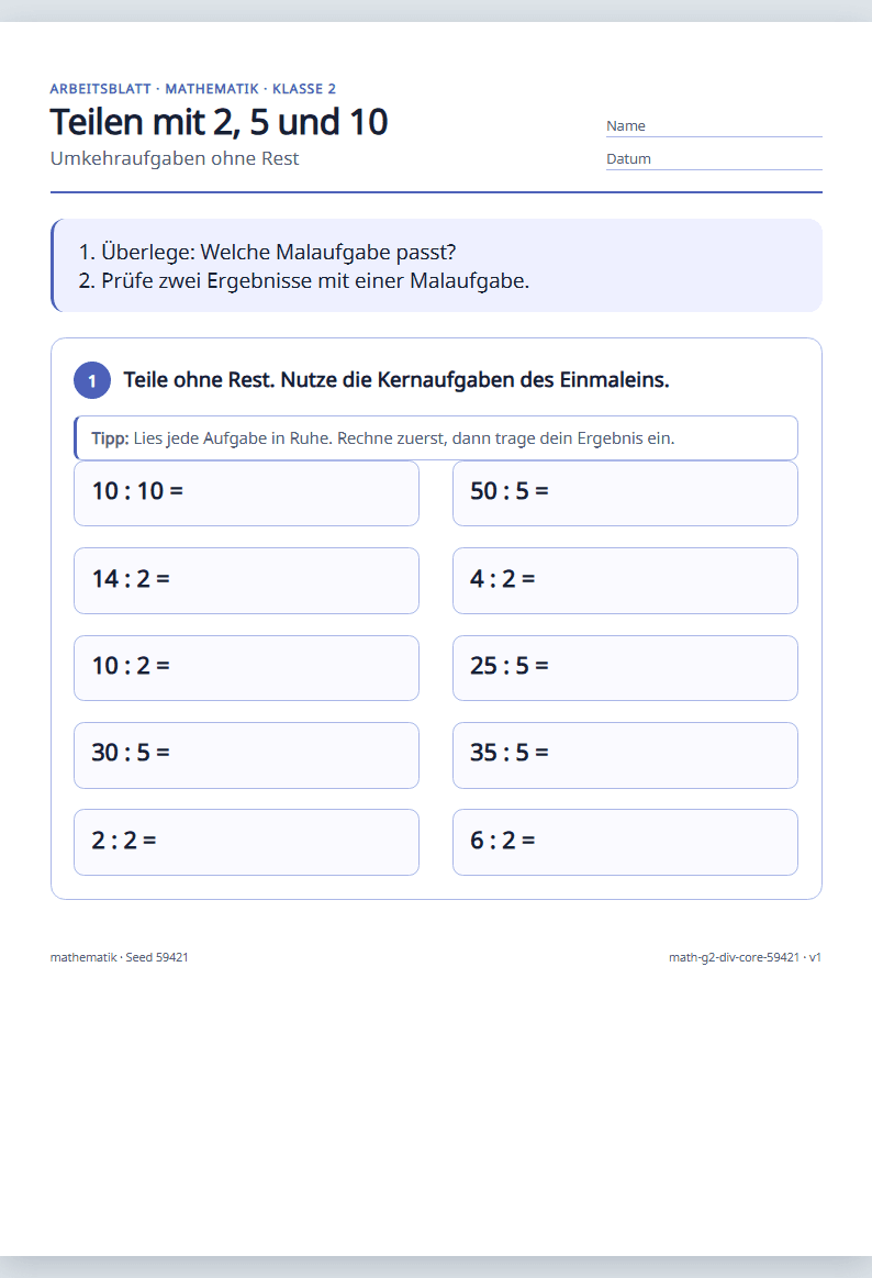 Vorschau: Mathematik · Klasse 2 · Teilen mit 2, 5 und 10
