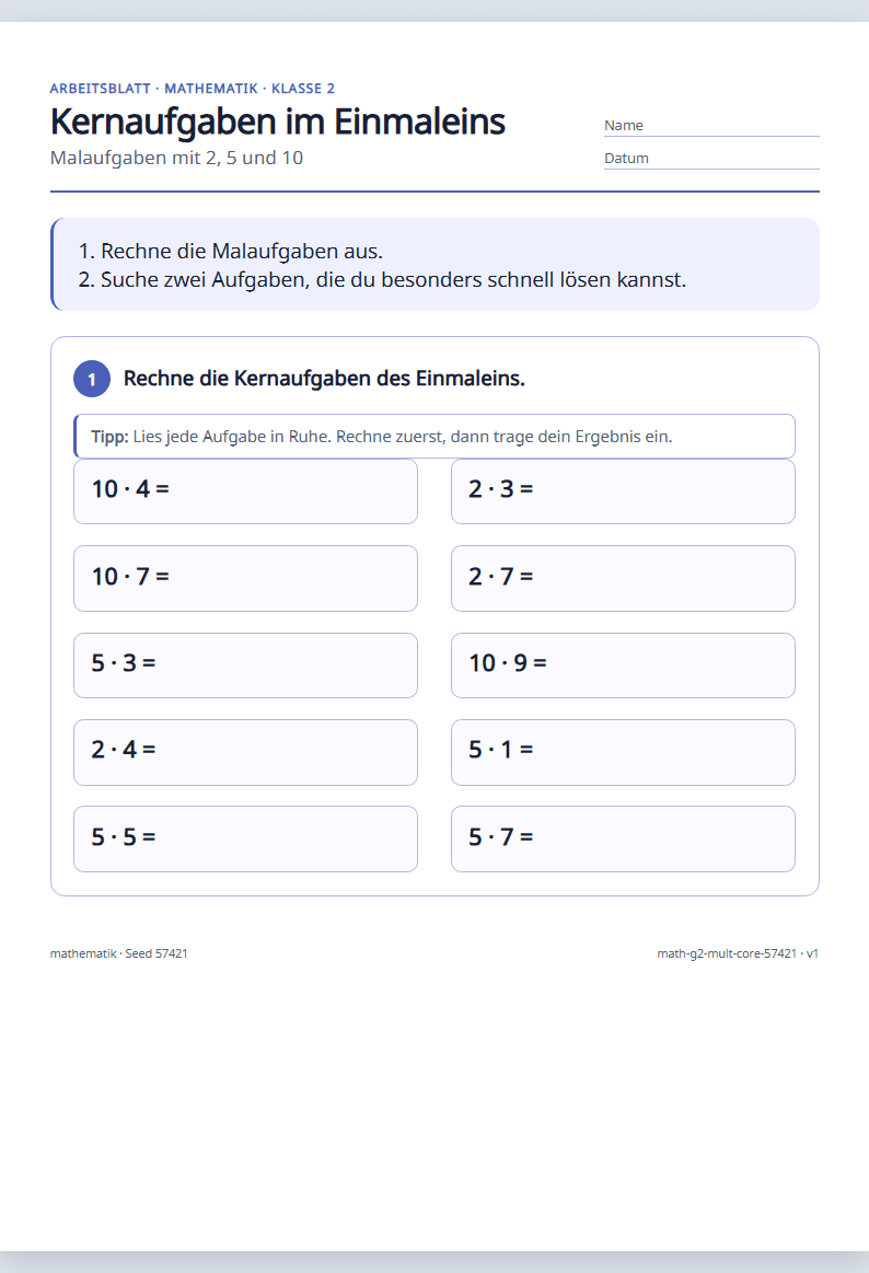 Vorschau: Mathematik · Klasse 2 · Kernaufgaben Einmaleins