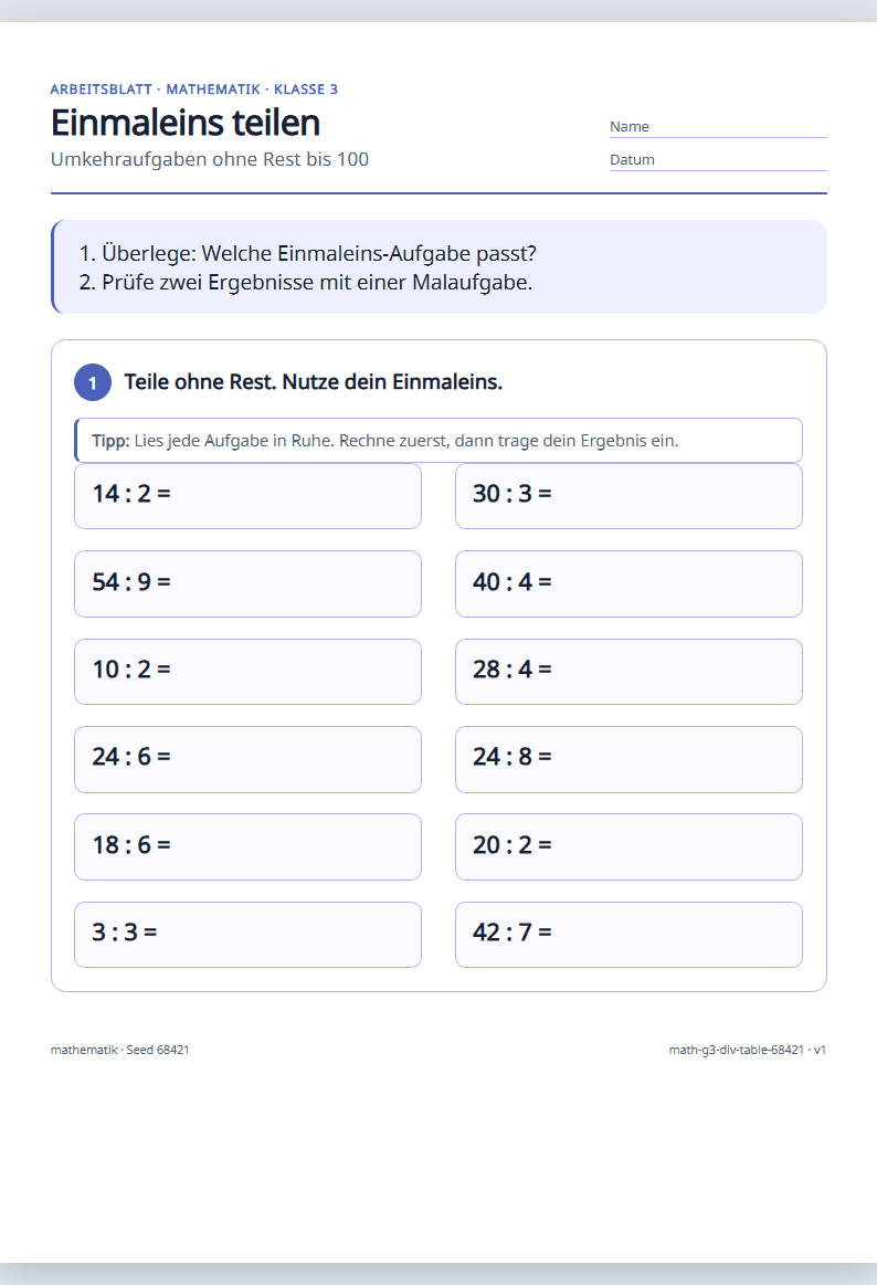 Vorschau: Mathematik · Klasse 3 · Teilen mit dem Einmaleins