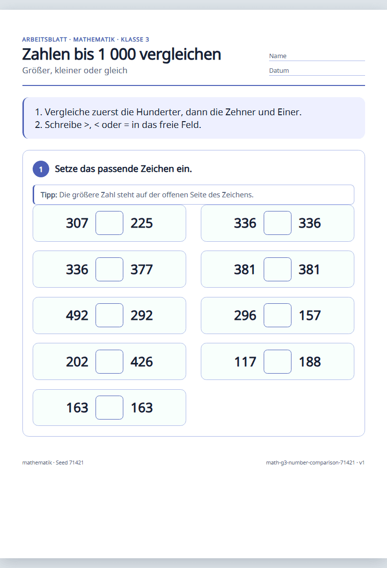 Vorschau: Mathematik · Klasse 3 · Zahlen bis 1 000 vergleichen