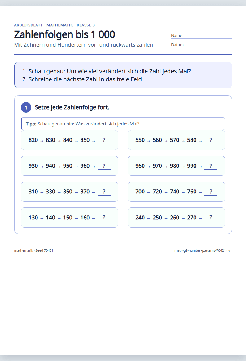 Vorschau: Mathematik · Klasse 3 · Zahlenfolgen bis 1 000