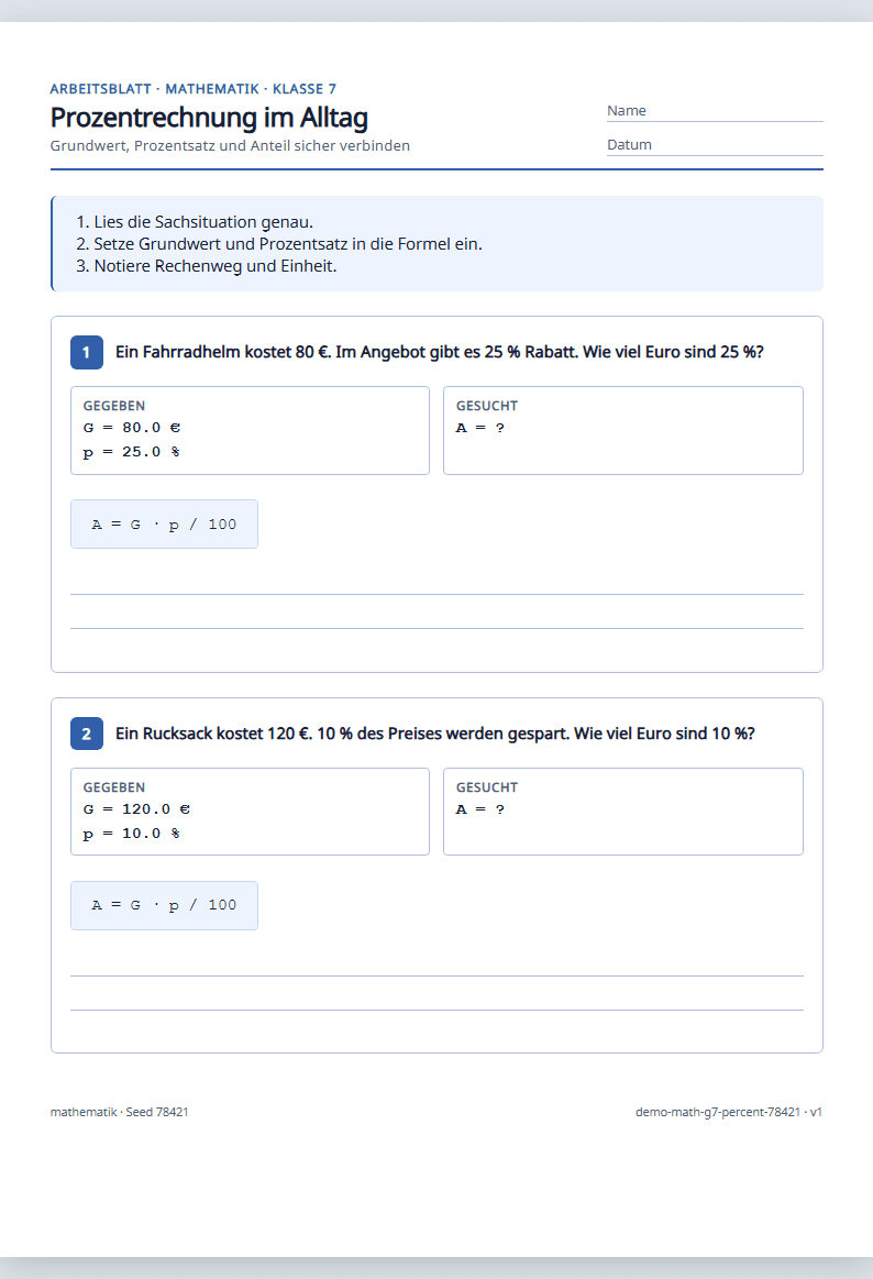 Vorschau: Mathematik · Klasse 7 · Prozentrechnung im Alltag