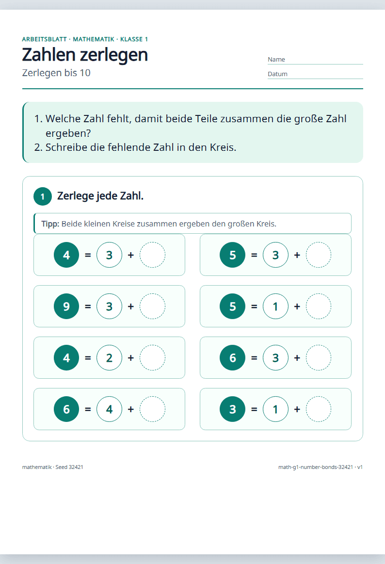 Vorschau: Mathematik · Klasse 1 · Zahlen zerlegen bis 10