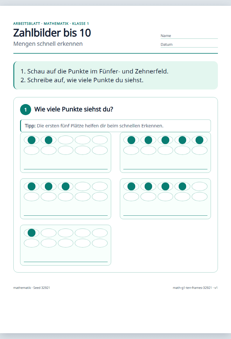 Vorschau: Mathematik · Klasse 1 · Zahlbilder bis 10