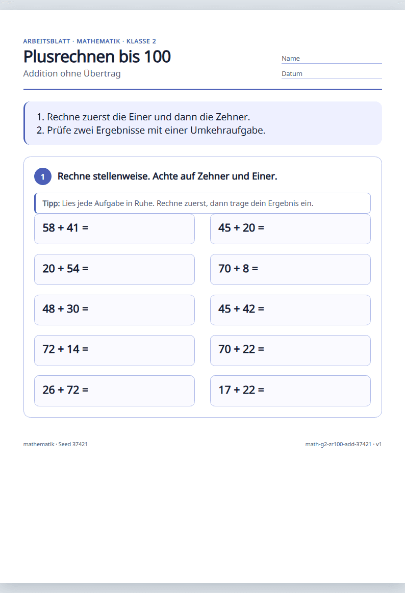 Vorschau: Mathematik · Klasse 2 · Addition bis 100