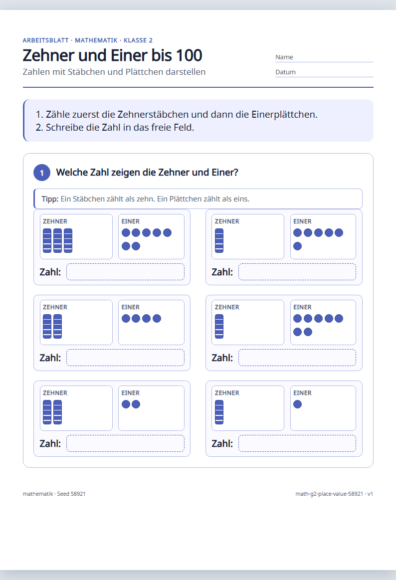 Vorschau: Mathematik · Klasse 2 · Zehner und Einer bis 100
